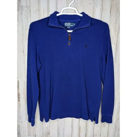 Polo Ralph Lauren Pullover Mens Medium BLUE 1/4 Zipper Sweater Shirt Pony Logo - Picture 1 of 9